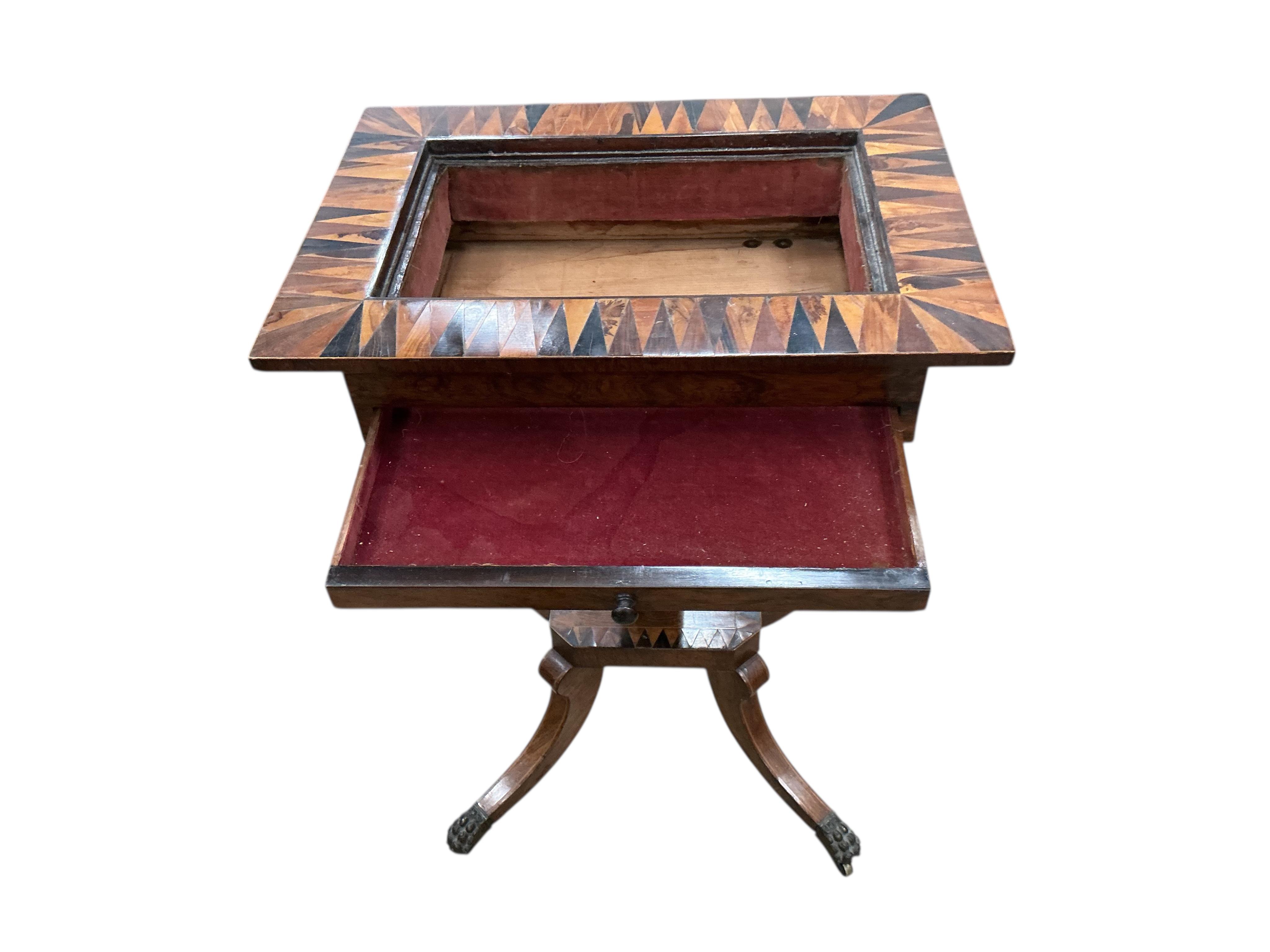 A Regency parquetry inlaid rosewood work table, width 49cm, depth 36cm, height 69cm